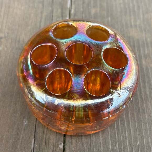 Vintage Iridescent Marigold Carnival Glass Flower Frog Floral Arranger - Picture 1 of 14